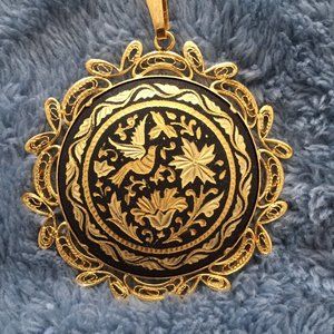 Vintage Gold Black Damascene Pendant Birds & Flowers Inlay